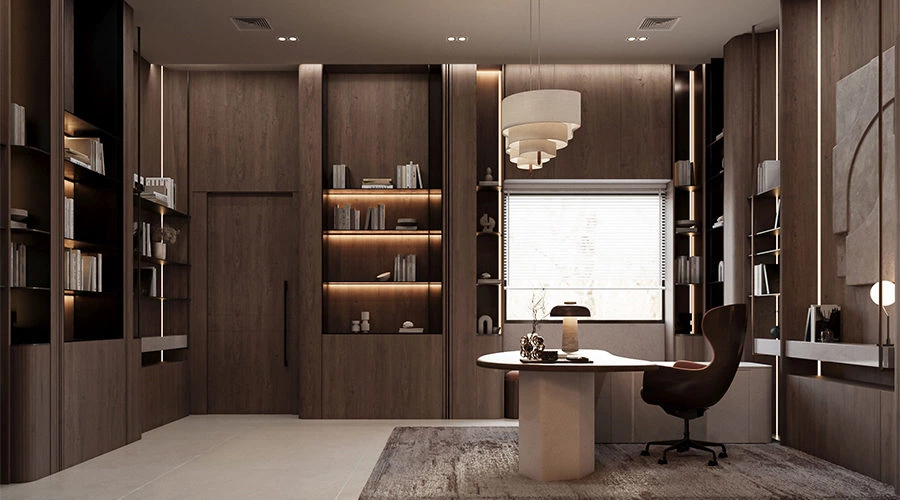 Wood Study Design Case: Calm, Organized Reading & Work Space