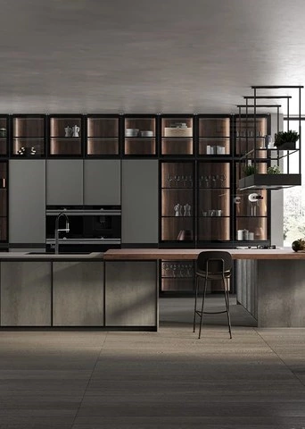 Backlit Glass Kitchen Cabinets with Veneer Bar Counter