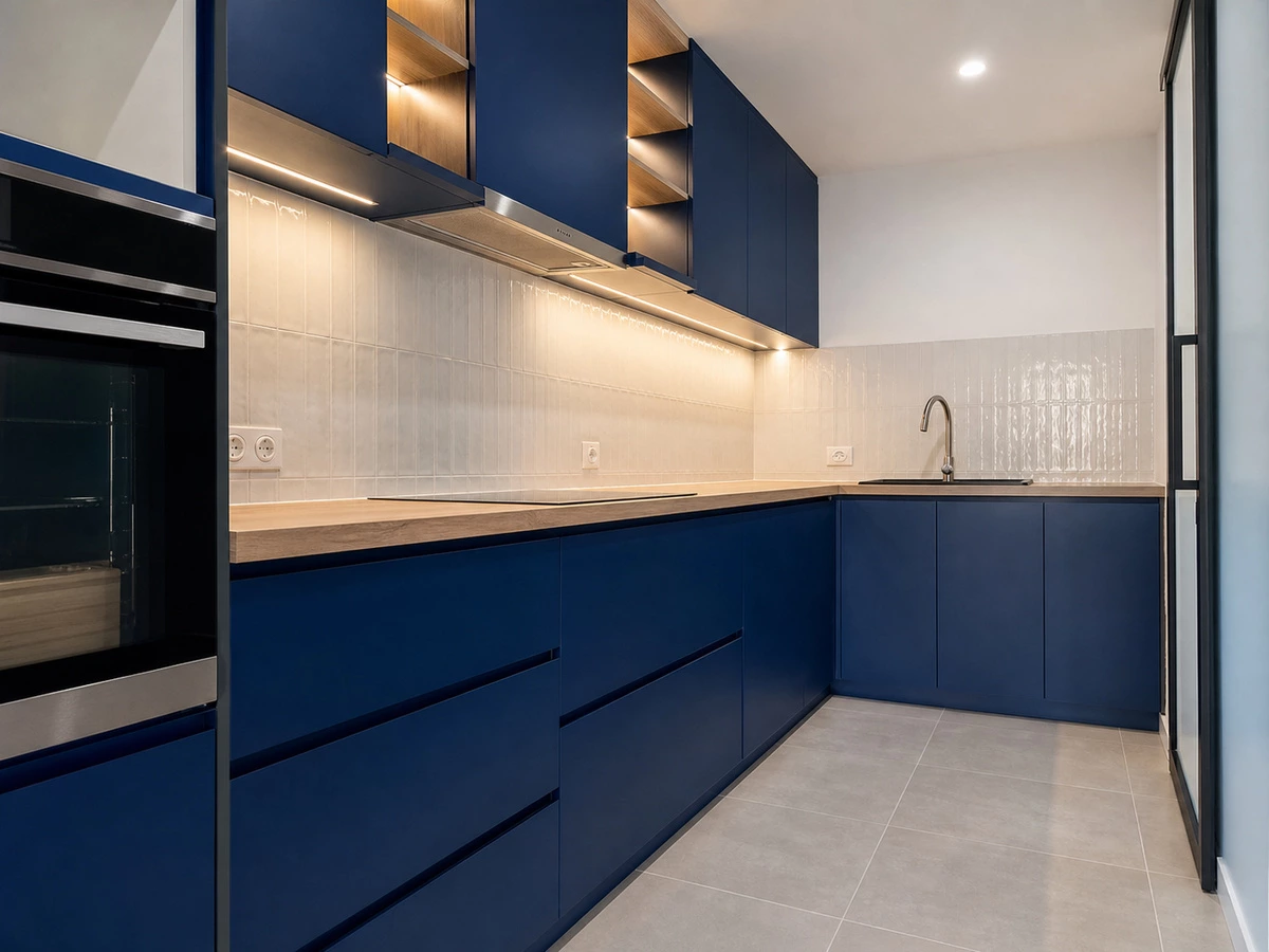 White and wood kitchen cabinets in the Melbourne apartment