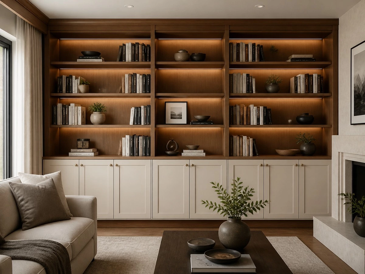 Built in bookcase dimensions overview in a modern living room