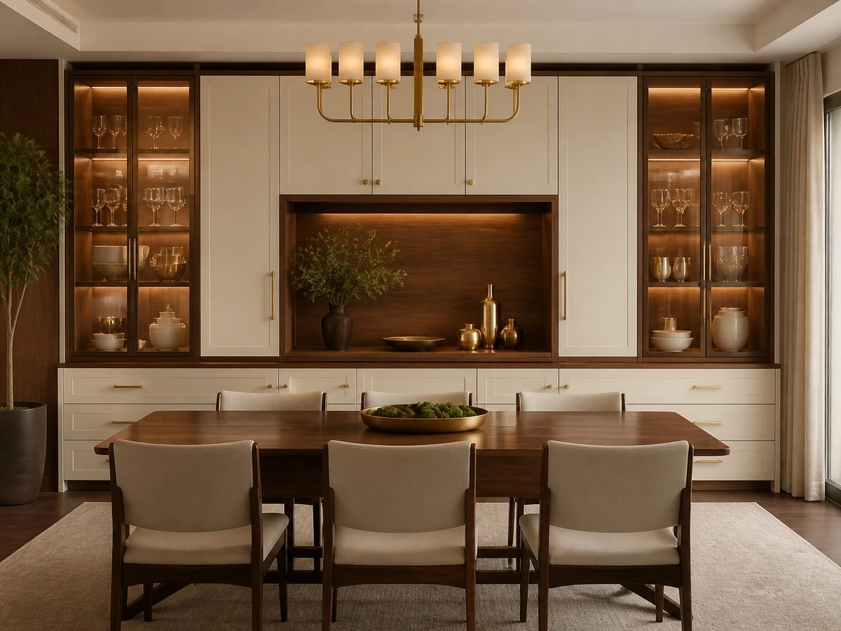 Built in sideboard cabinets with dining table storage display and serving area