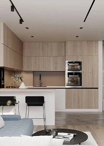 Compact U-Shaped Kitchen Cabinets with Open Wall Storage