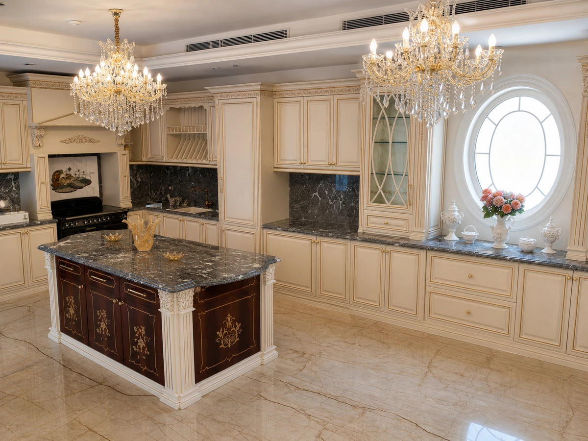 Traditional cream kitchen cabinets in the Shenzhen villa