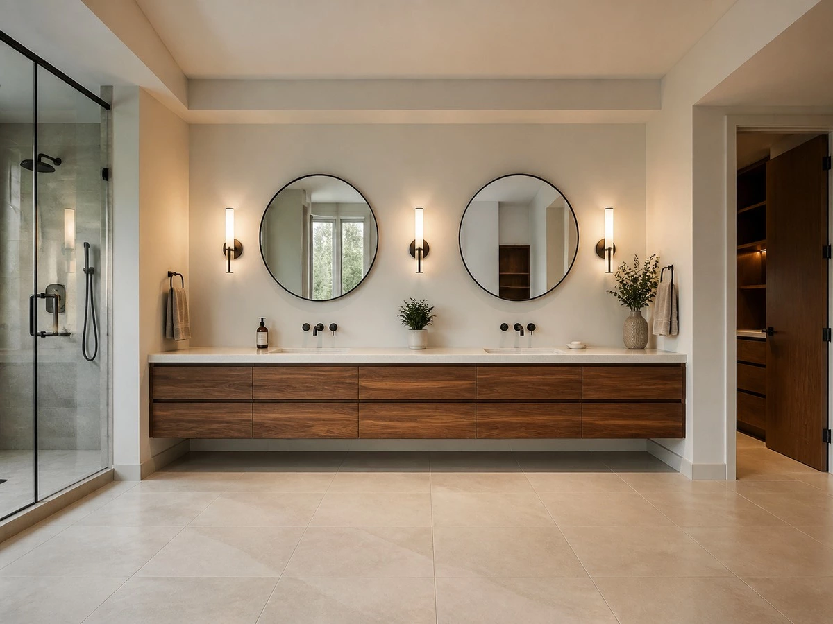 Double vanity dimensions overview with two basins and shared bathroom circulation