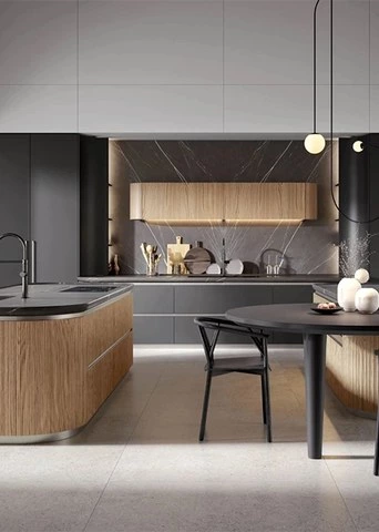 Dual Island Kitchen with Dining Storage and Backlit Cabinets