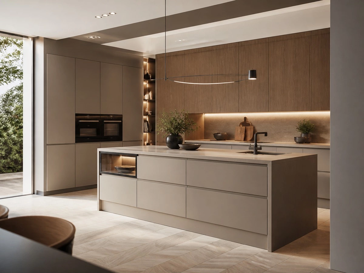 European style kitchen cabinets with integrated appliances tall storage and island