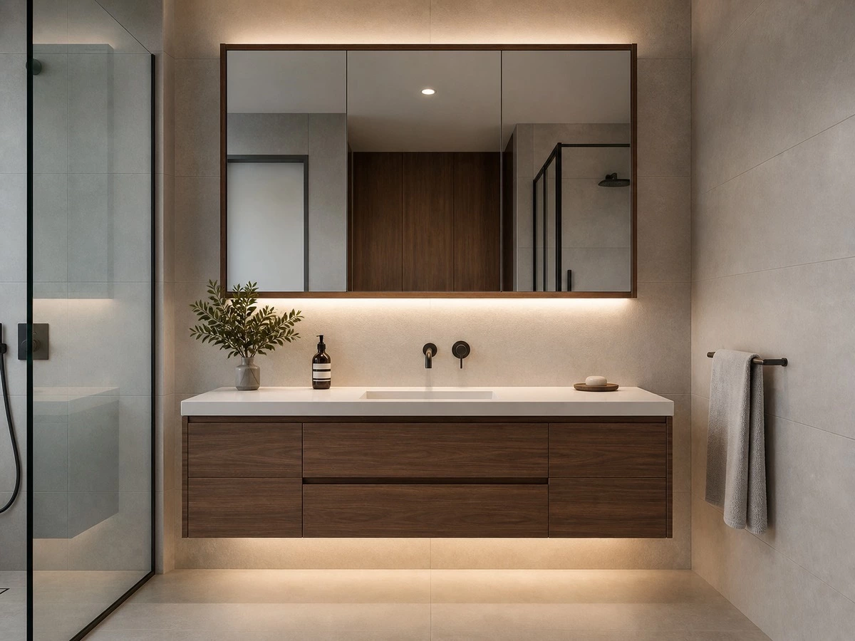Floating bathroom vanity height with basin mirror cabinet and finished floor reference