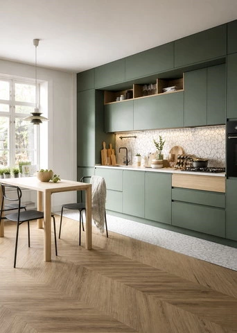 Fluted Green Kitchen Cabinets