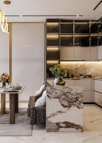 Glass Display Kitchen Cabinets with a U-Shaped Layout