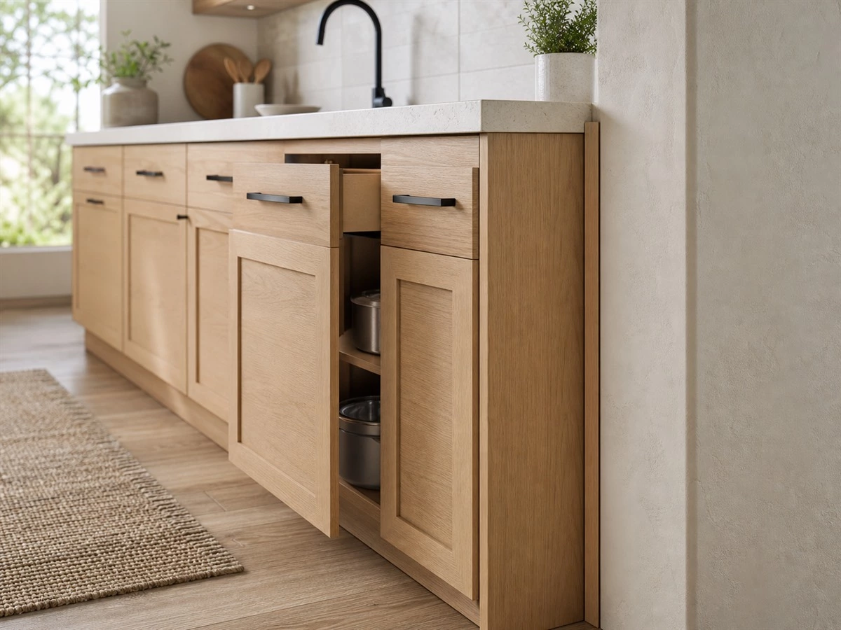 Kitchen cabinet filler strips beside a wall in a custom kitchen layout