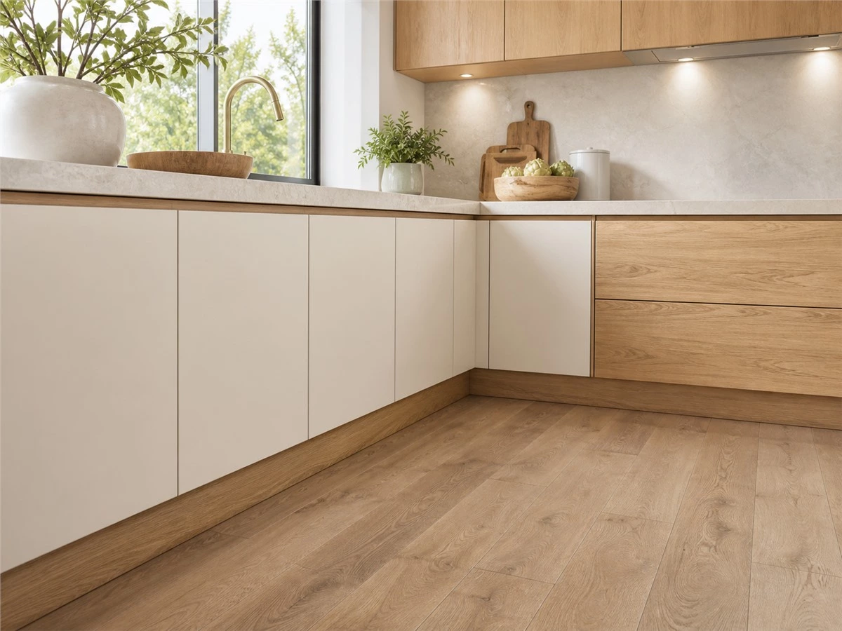 Modern custom kitchen showing a recessed toe kick beneath base cabinets