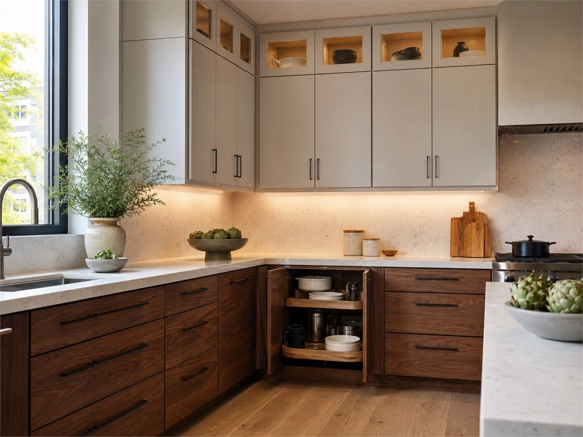 Modern L-shaped kitchen with a custom corner cabinet storage solution