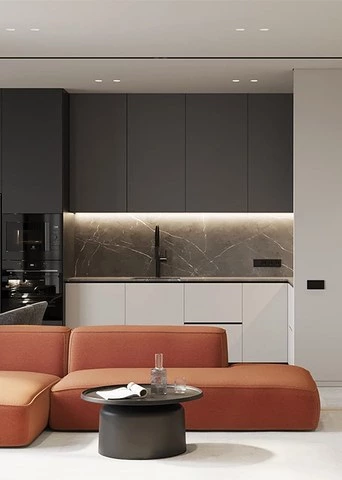 L-Shaped Kitchen with Open Shelving and Sintered Stone
