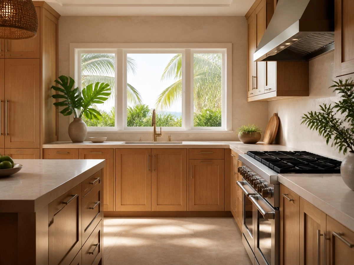 Moisture resistant kitchen cabinets designed for humid climates