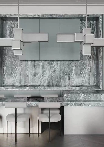 Morandi Green Kitchen Cabinets with Split-Level Island