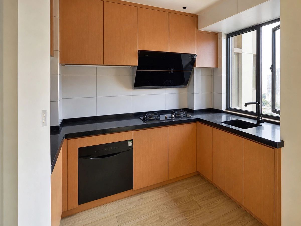 Compact U-shaped orange kitchen cabinets in the Zhuhai apartment