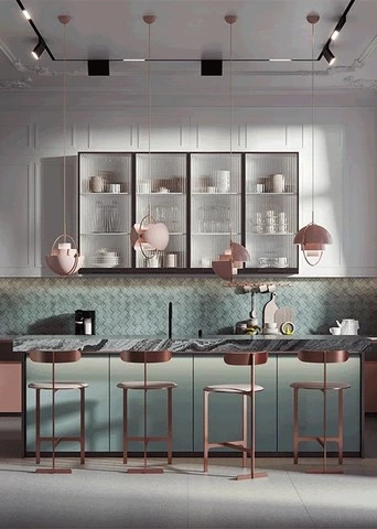 Pink and Aqua Kitchen Cabinets with Glass Display Storage