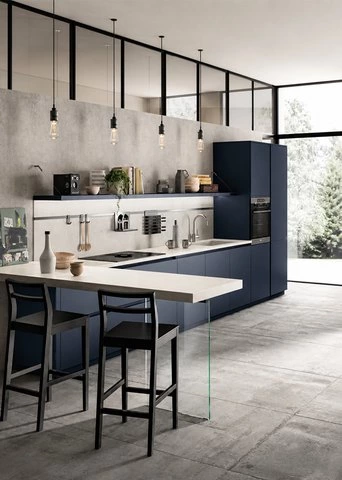 Modern Lacquered Sapphire Blue Kitchen Cabinets With Dining Table