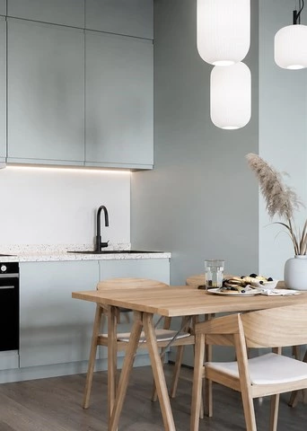 Sky Blue Kitchen Cabinets for Small Open Apartments
