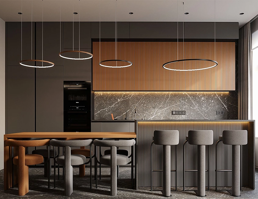 Open-plan kitchen with grey tall cabinets, wood slatted wall cabinets, island seating and dining table