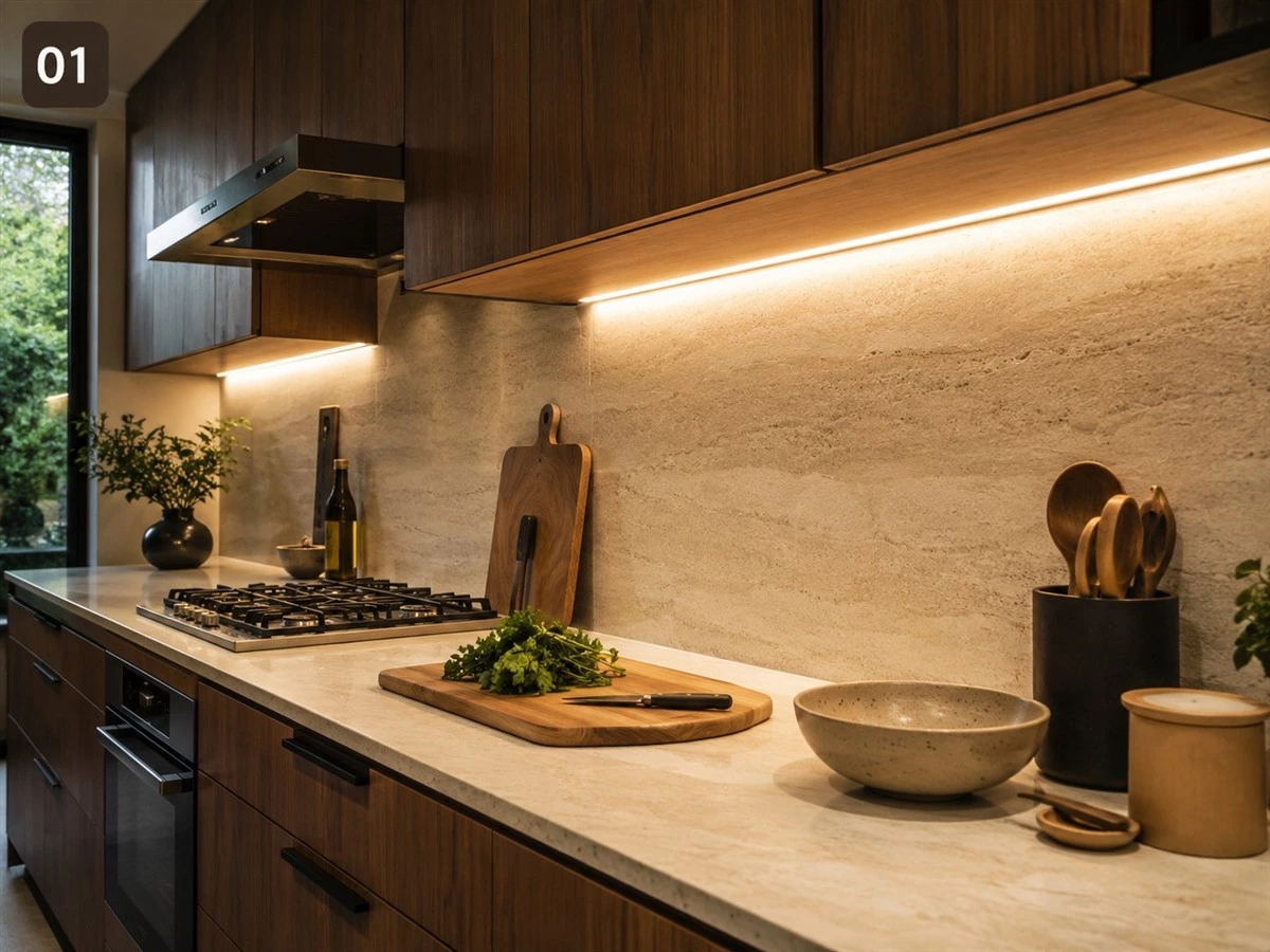 Kitchen cabinet lighting ideas with warm wood cabinets and under-cabinet task lighting