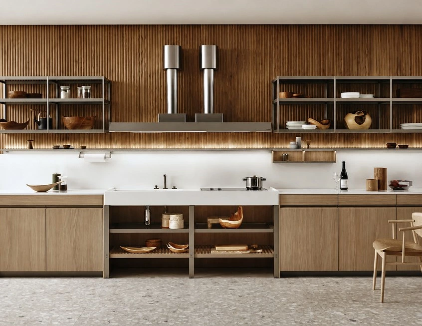 Wood lattice kitchen cabinets with natural wood grain