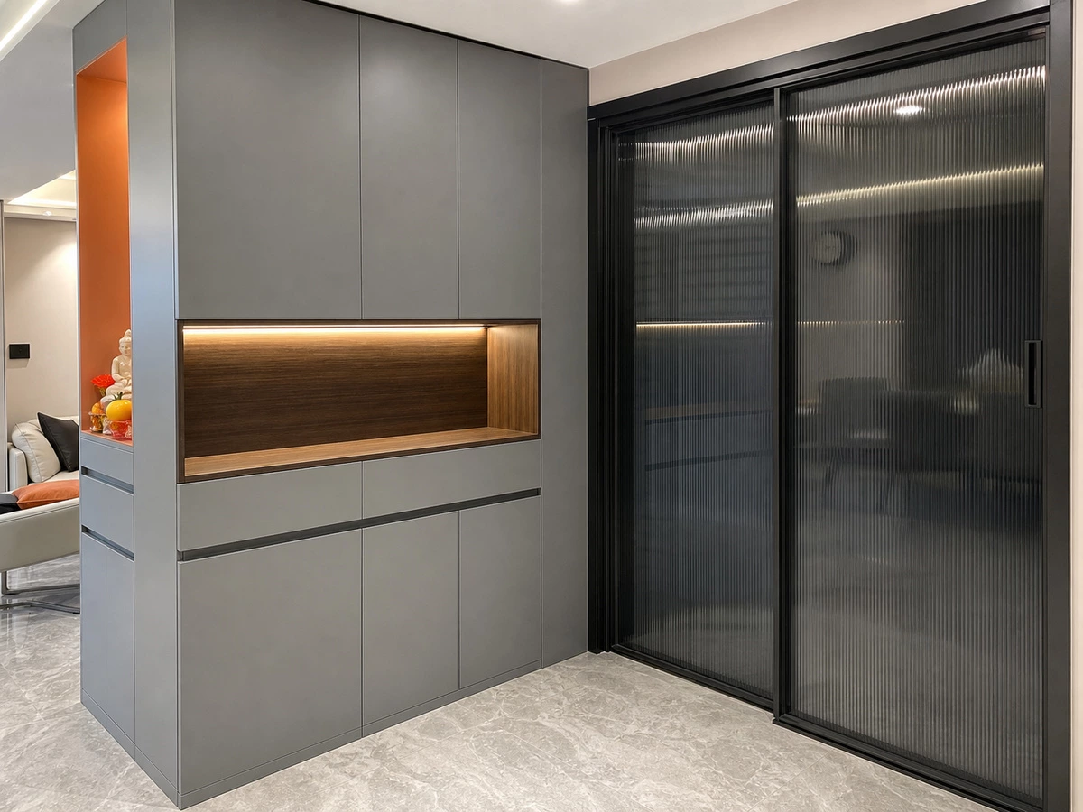 Matte grey and dark wood living room cabinet detail in the Foshan apartment