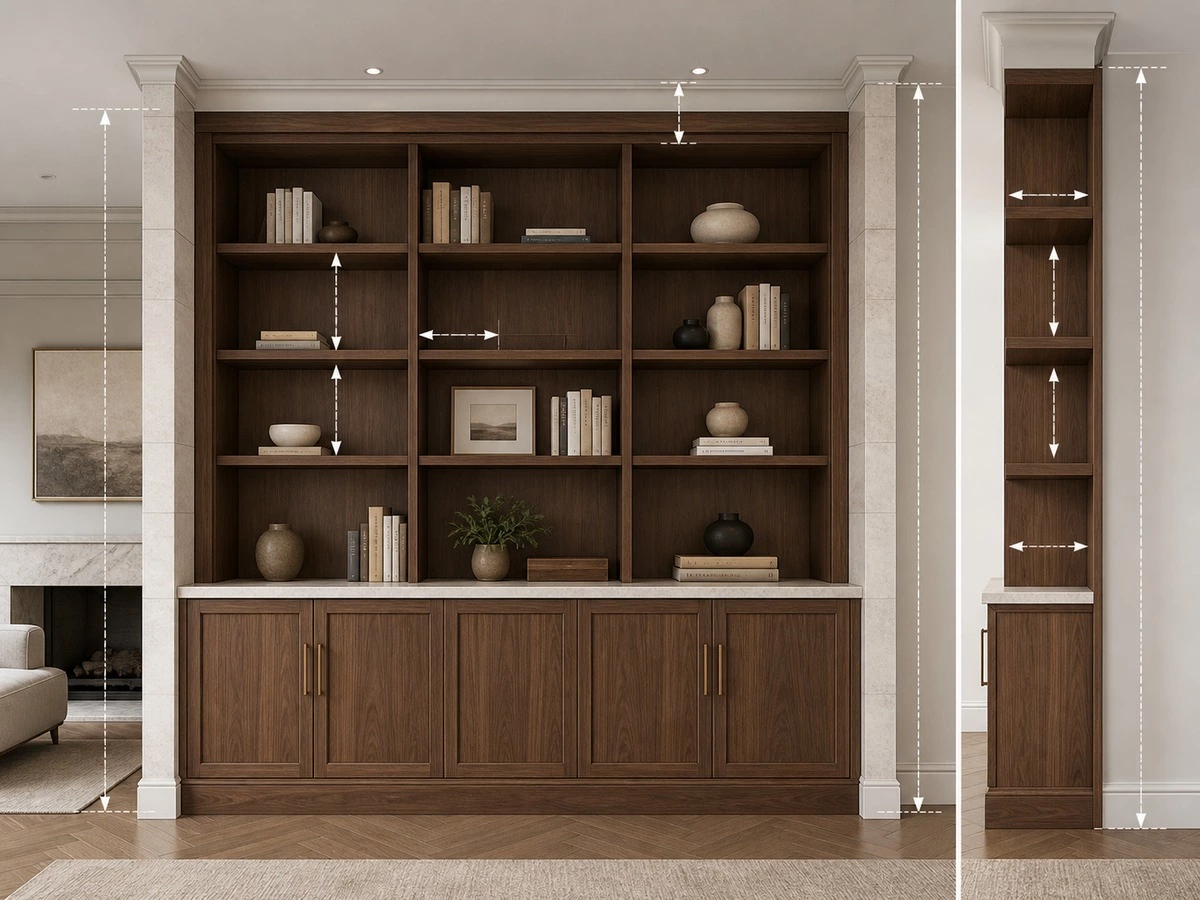 Built in bookcase dimension chart for shelf depth spacing and wall clearance