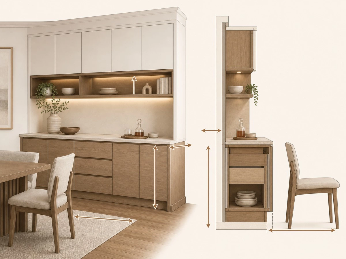 Built in sideboard cabinet dimensions for counter depth upper storage and dining clearance