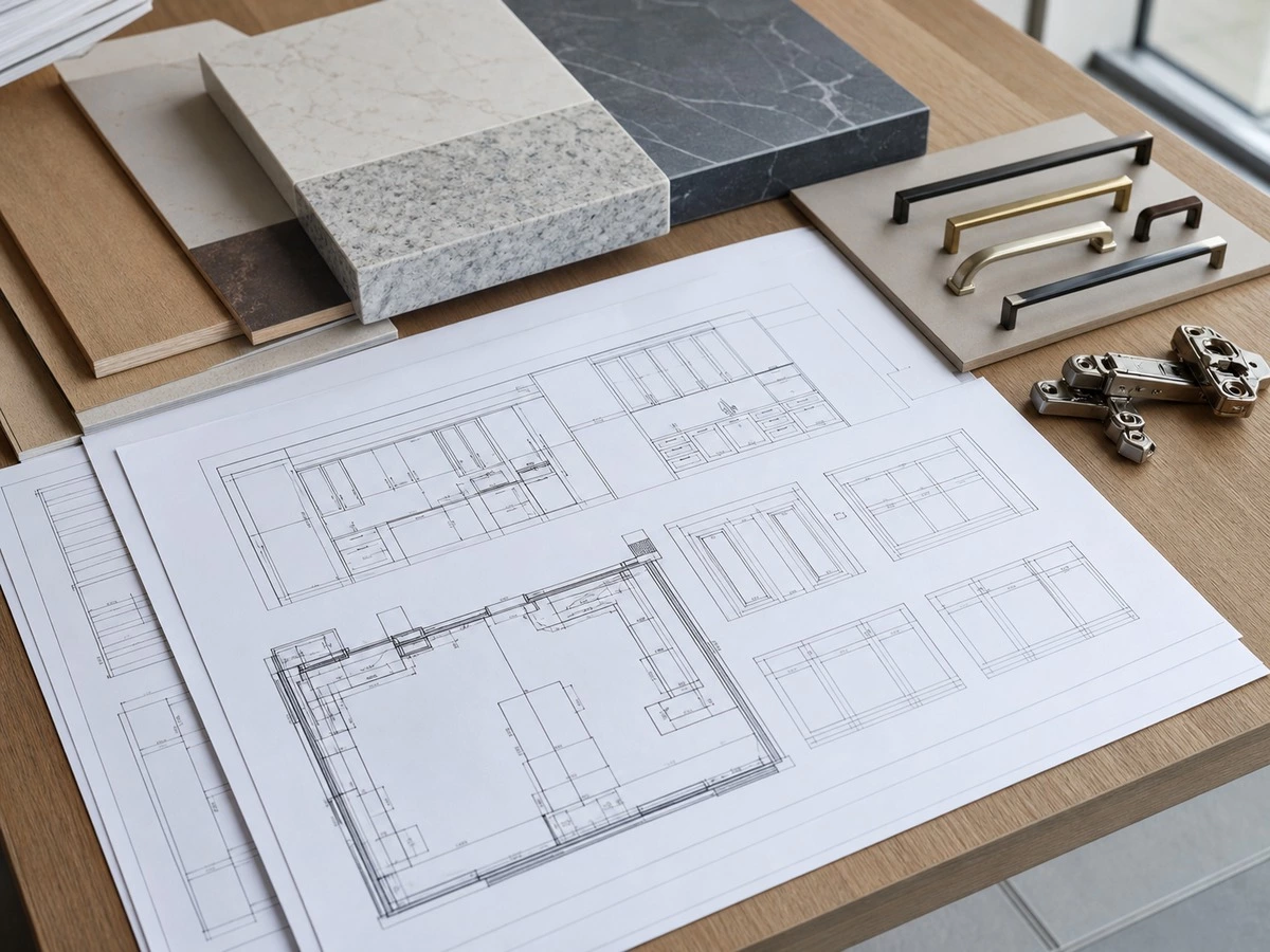 Cabinetry project release gate with floor plan appliance schedule hardware samples and cabinet finish board