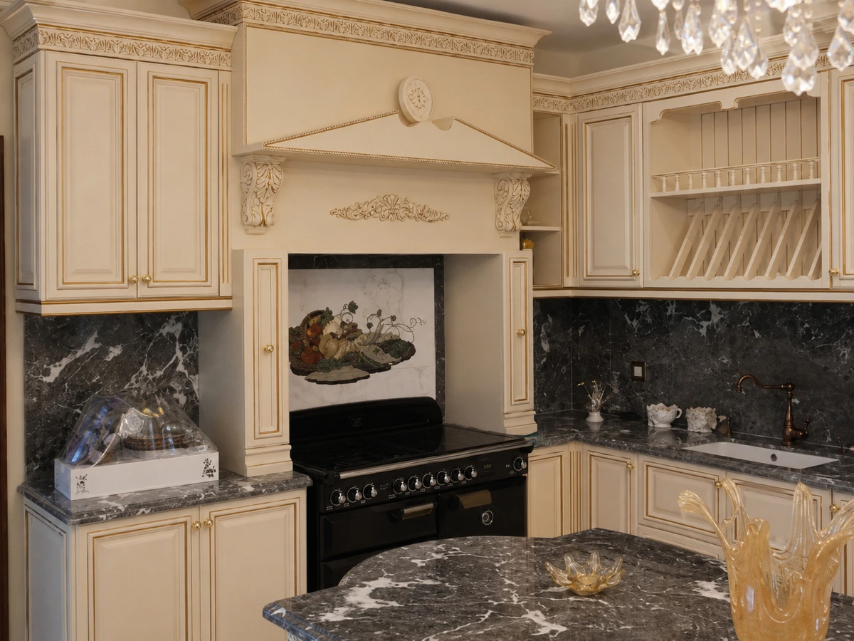 Gold molding and pendant details on cream kitchen cabinets