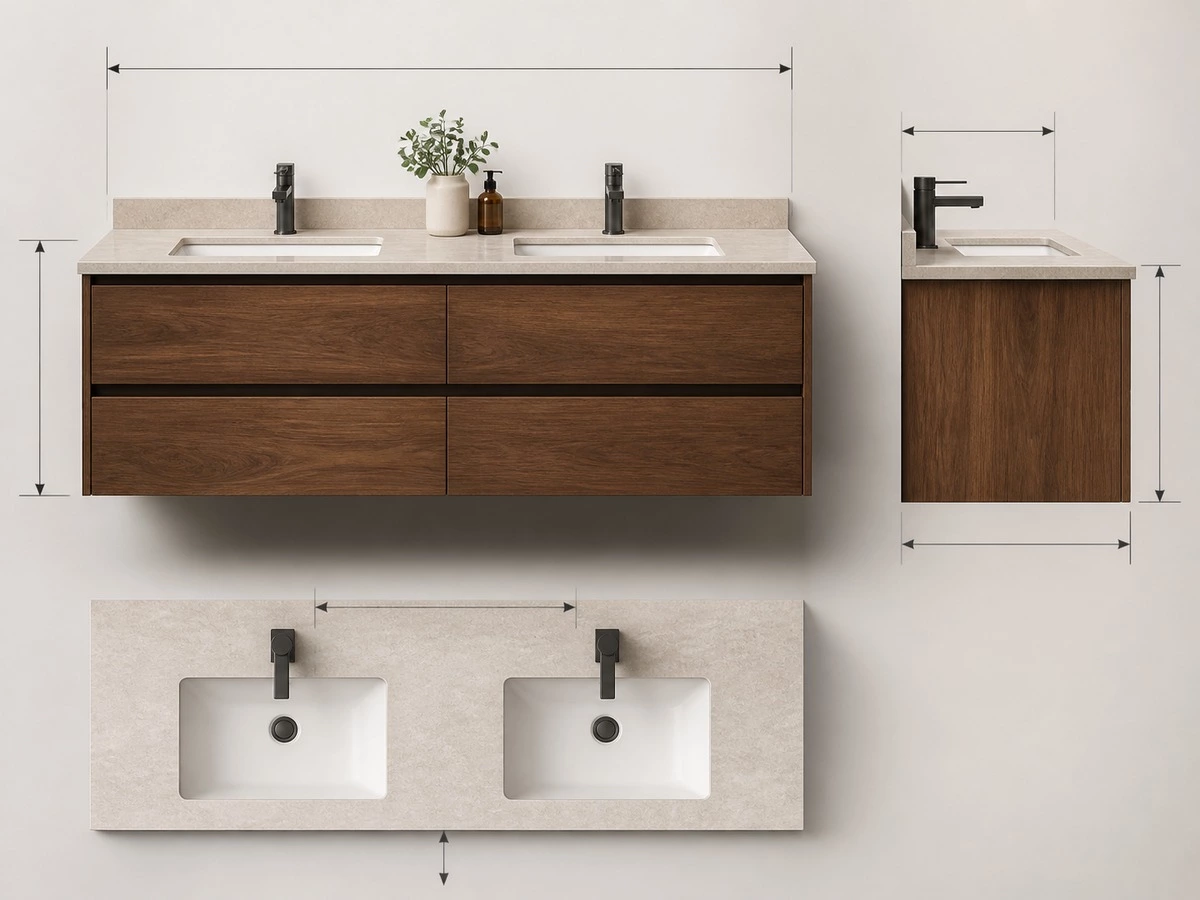Double vanity dimensions chart for width depth basin spacing and clearance