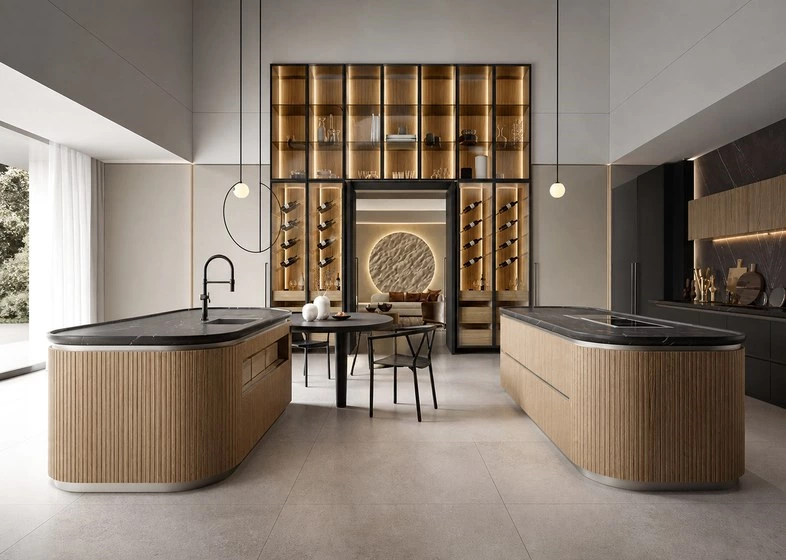 Dual island kitchen with dining storage and backlit cabinets
