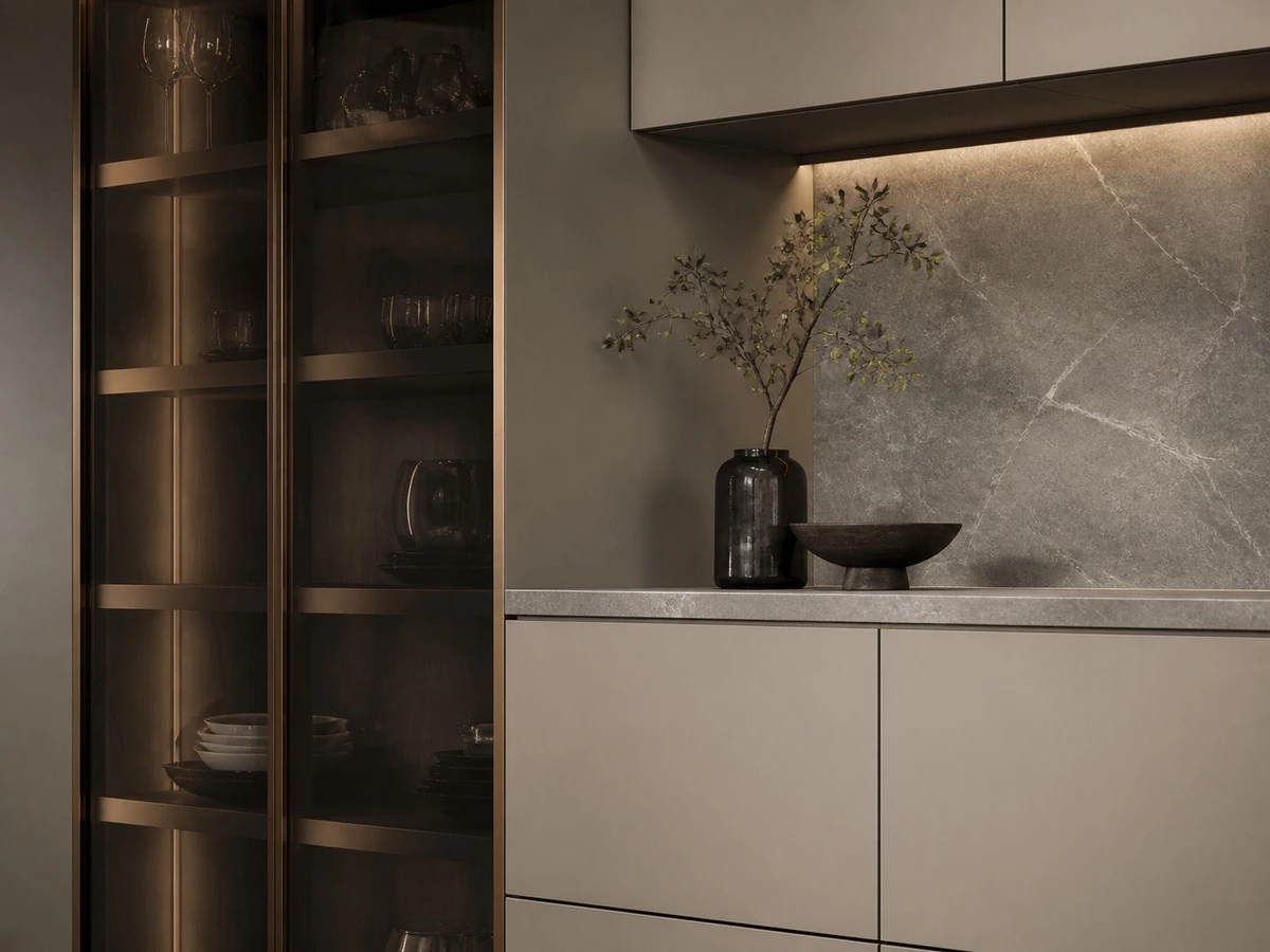 European kitchen cabinet design details with flat fronts glass and slim reveals