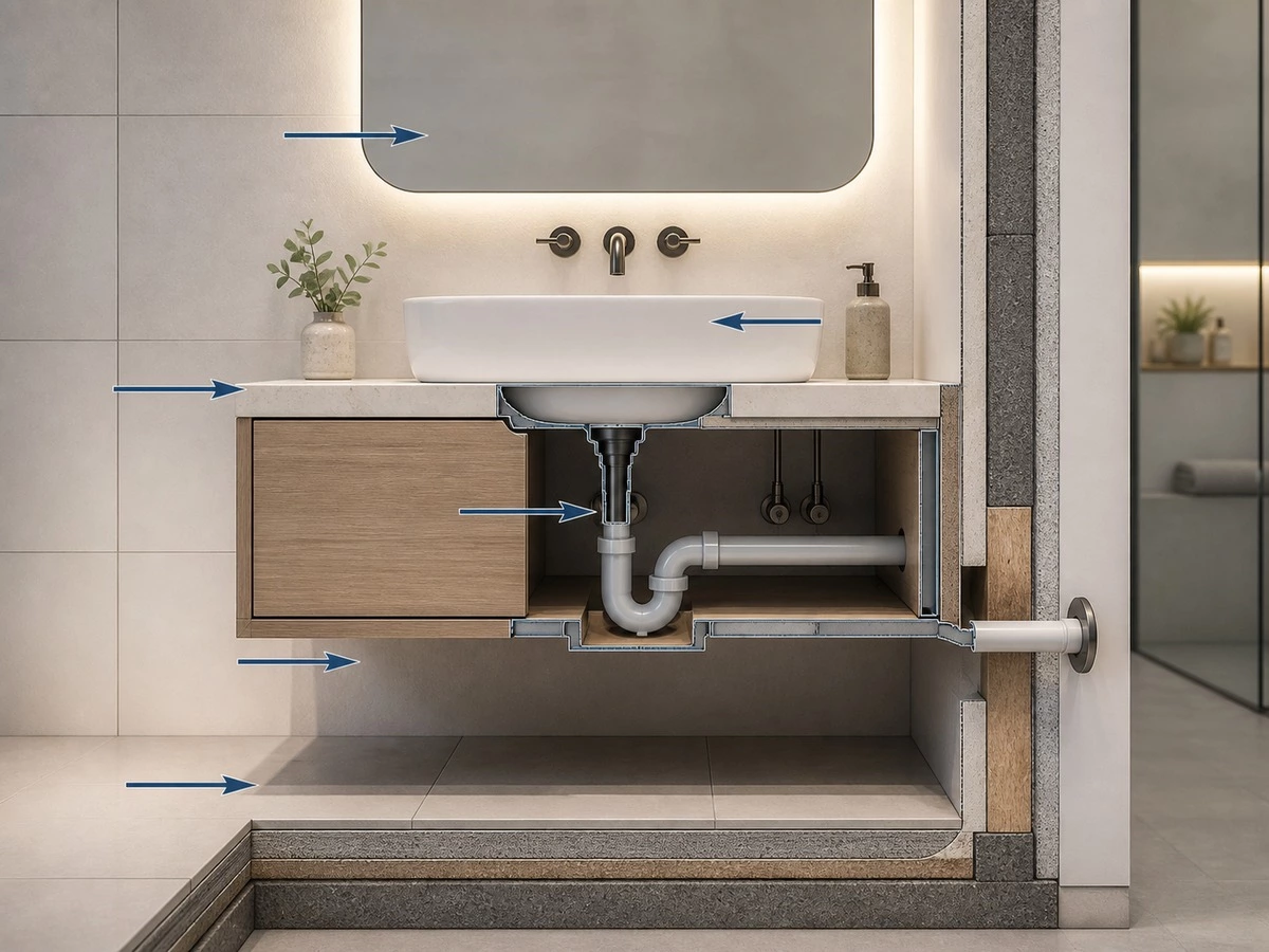 Floating bathroom vanity height chart for cabinet counter basin mirror and plumbing