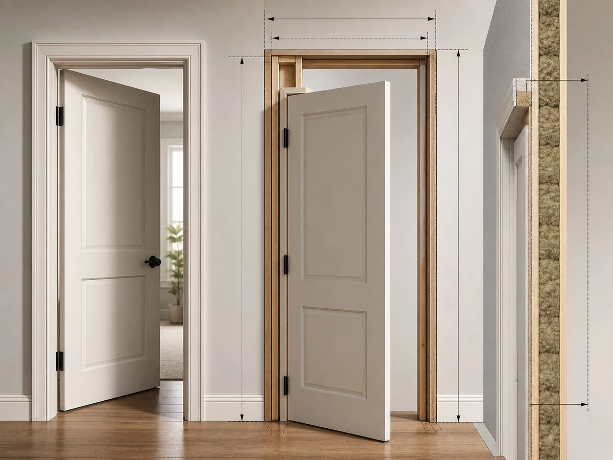 Interior door size chart showing leaf frame rough opening and wall thickness