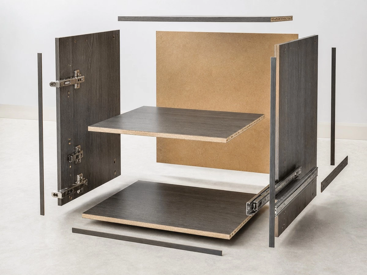 Kitchen cabinet carcass construction components including side panels shelves and back panel