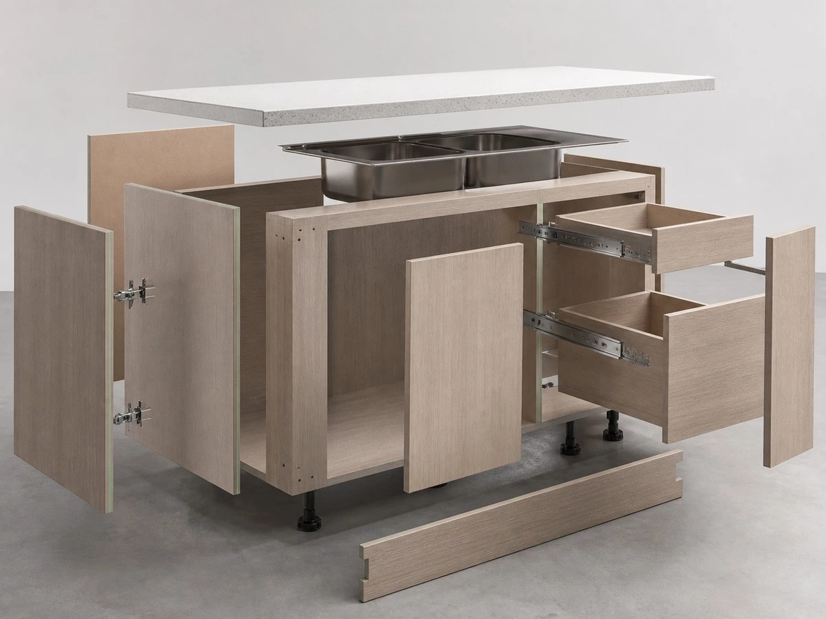 Moisture resistant kitchen cabinet system with sealed edges hardware and sink base protection
