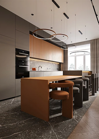 Slatted Wood Kitchen Cabinets with a Multifunctional Island