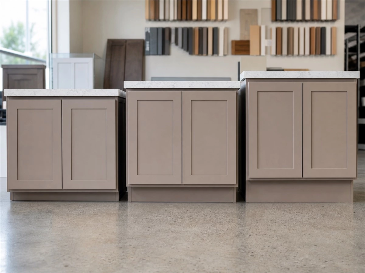 Kitchen cabinet toe kick height comparison on custom base cabinet samples