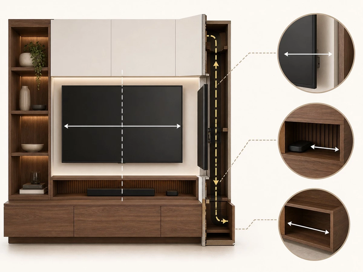 TV wall cabinet dimension chart for screen height storage depth and cables