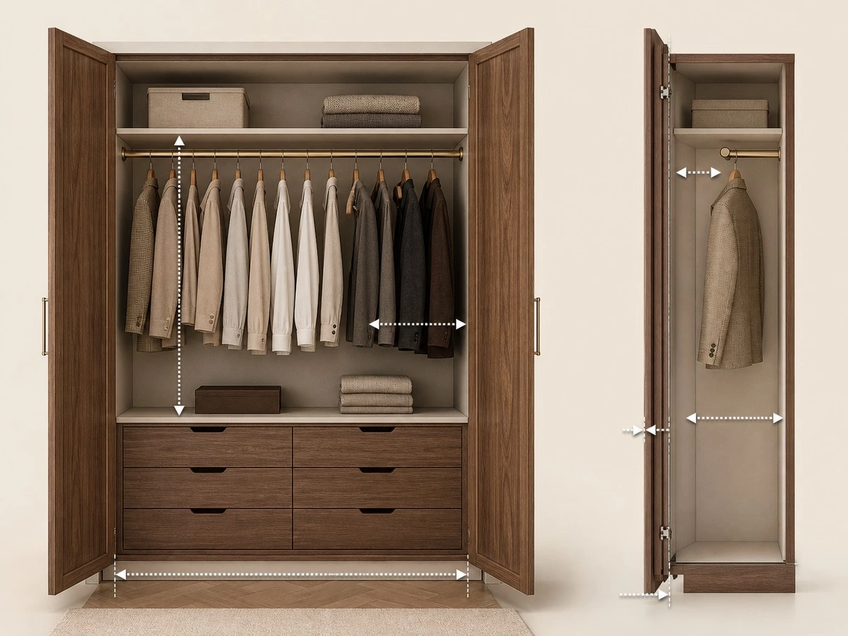 Wardrobe rod height cabinet depth and door clearance measurement chart