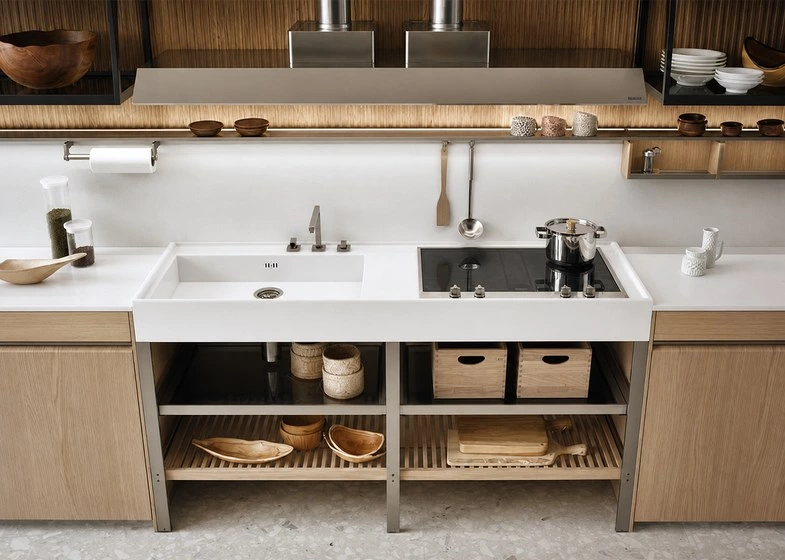 Natural wood grain kitchen cabinets with metal open shelving