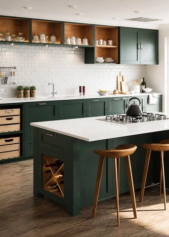 Aqua Shaker Kitchen with Open Storage and Wine Rack