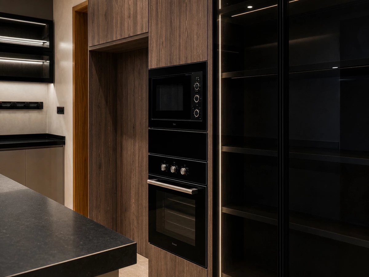 Walnut finish paired with black glass kitchen cabinets