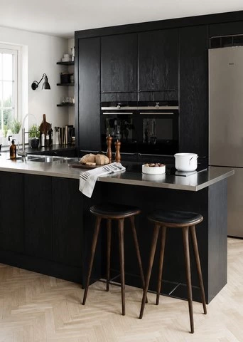 Black Veneer Cabinets with Stainless Steel Countertops