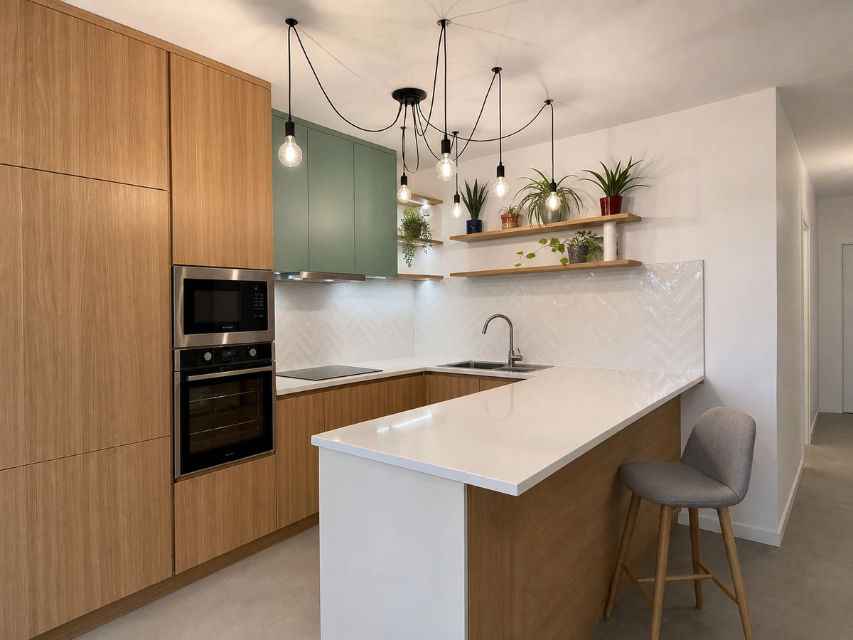 Green wall cabinets and open shelving in the Melbourne apartment kitchen
