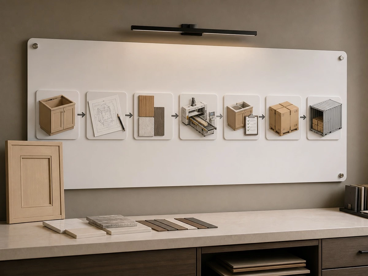 Cabinetry production timeline workflow from shop drawing approval to quality review packing and container loading