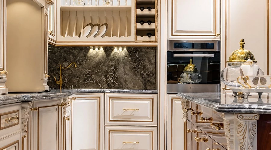 Classic cream kitchen cabinet with glass-front upper storage