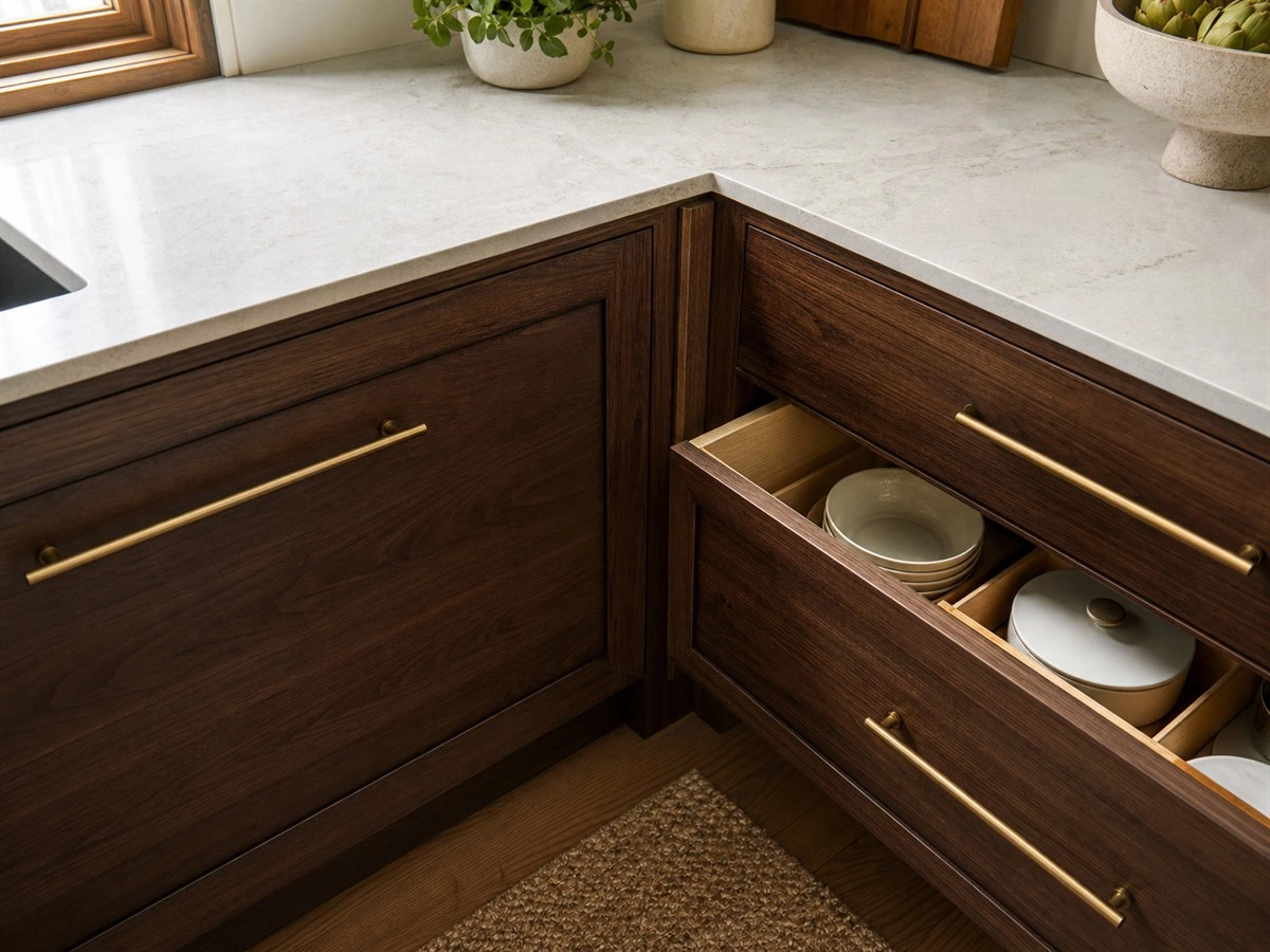 Kitchen corner cabinet filler strip allowing drawer and handle clearance
